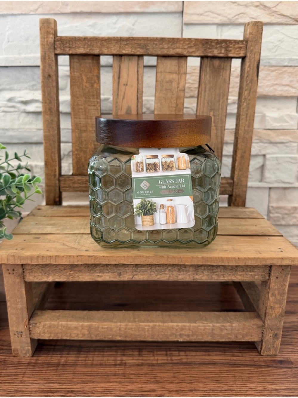 🆕 Honeycomb Green Glass 42oz Storage Jar with Acacia Lid!